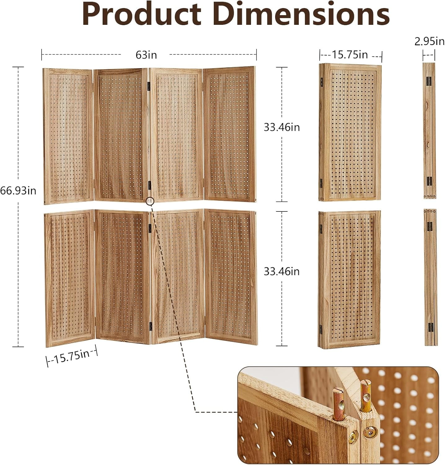 4 Panel Wooden Room Dividers, 5.6FT High Plug-in Folding Screen Made of Natural Wood, Pegboard Display for Bedroom and Shopping Malls and Jewelry Stores, Light Brown