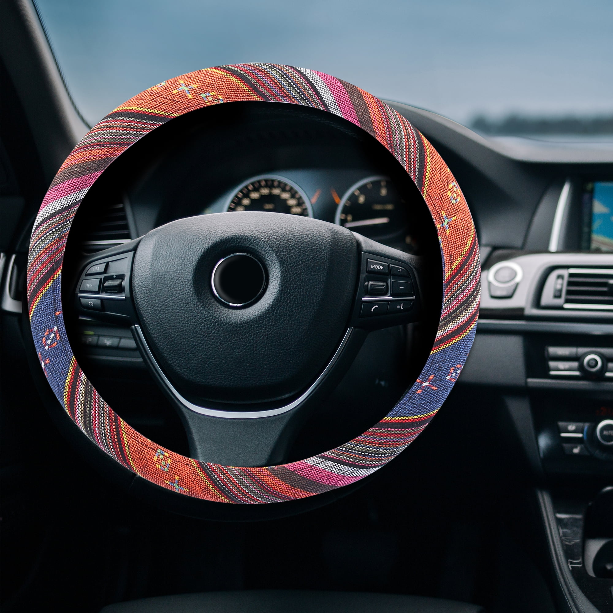 Unique Bargains 40cm/16" Linen Car Steering Wheel Cover Wear Resistant Multicolor Printing Pattern
