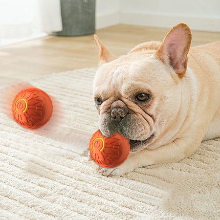 Orange Automatic Rolling Vibrating Dog Toy Ball Obstacle Avoidance LED Light Interactive Moving Play Ball Durable TPR USB Rechargeable Electronic Toy for Small Medium Large Dogs