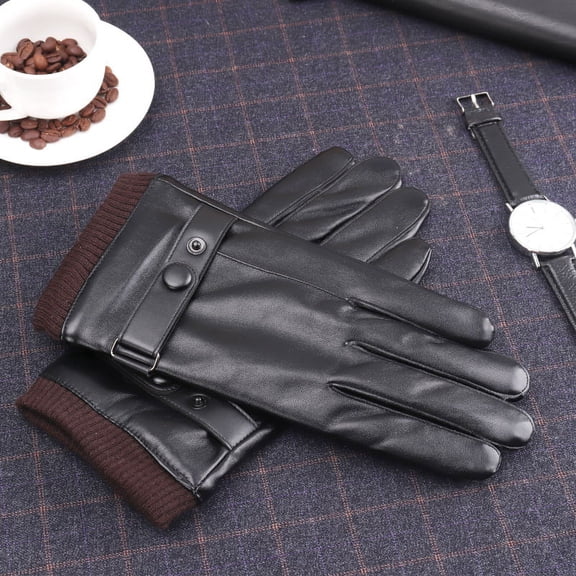 Men's Leather Gloves Winter Plus Velvet Padded Driving And Cycling Non-slip Windproof Touch Screen Warm Gloves Brown