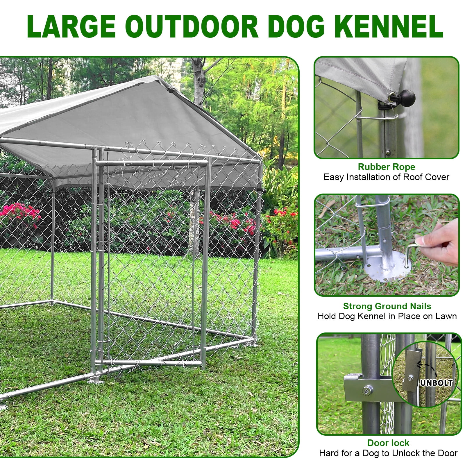 Outdoor Dog Kennel with Roof, 78.7" x 78.7", Galvanized Steel Exercise Pen for Small to Medium Dogs, 43 sq ft