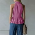 thumbnail image 4 of ClodeEU Women's Halter Neck Sleeveless Ruff Trim Peplum Blouse, Button Solid Color Tank Top for Summer Purple,Women's Plus L, 4 of 6