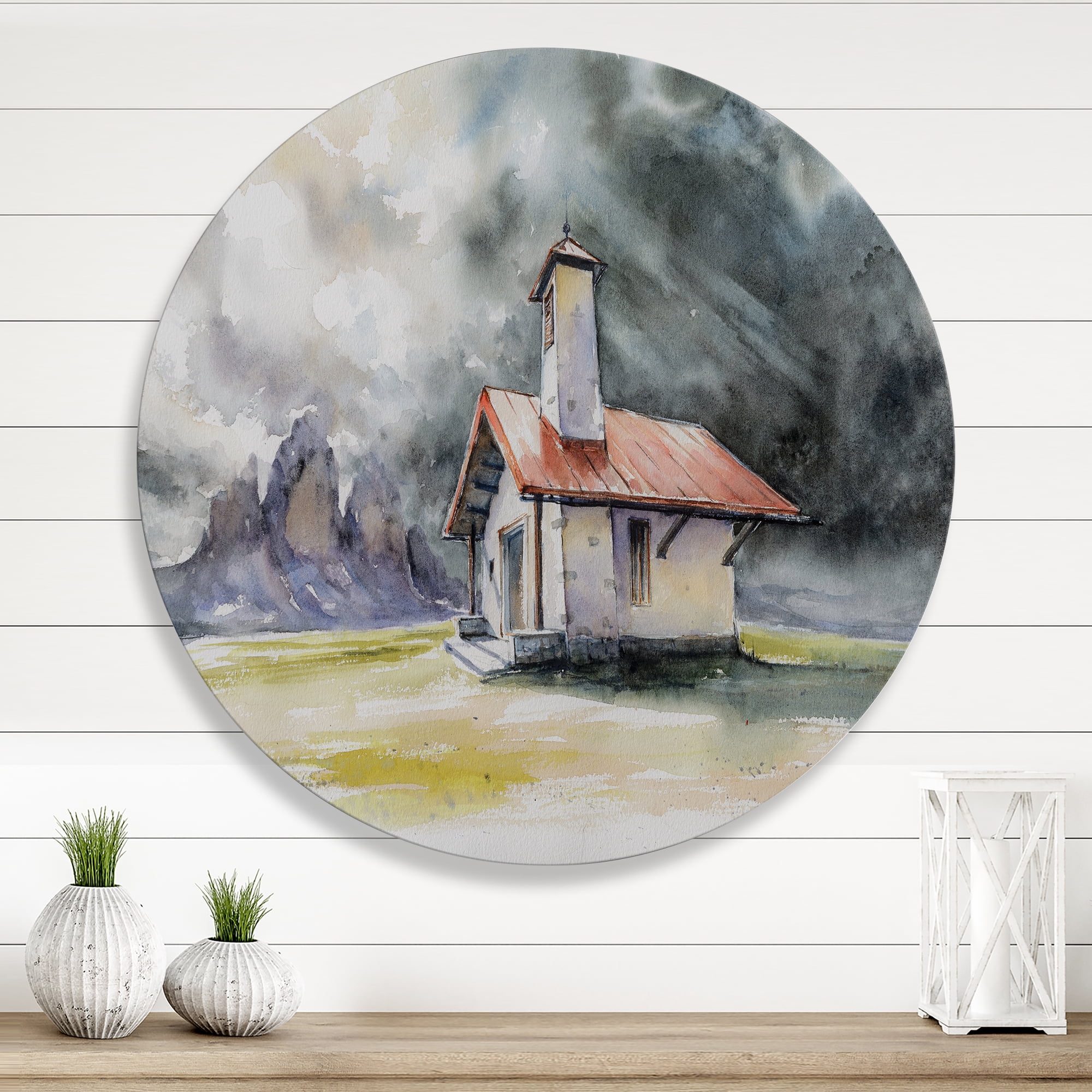 Designart 'Storm On A Rustic House On Mountain Top ' Country Circle Metal Wall Art 11x11 - Disc of 11