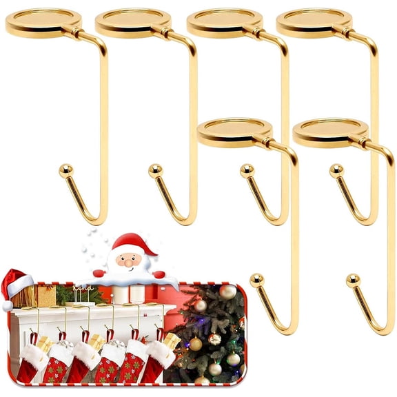 NOGIS Christmas Stocking Holders for Mantle Set of 6,Non-Slip Fireplace Stocking Holder,Lightweight Metal Stocking Hangers for Mantle,Stocking Hooks for Christmas Party Decoration (Gold)