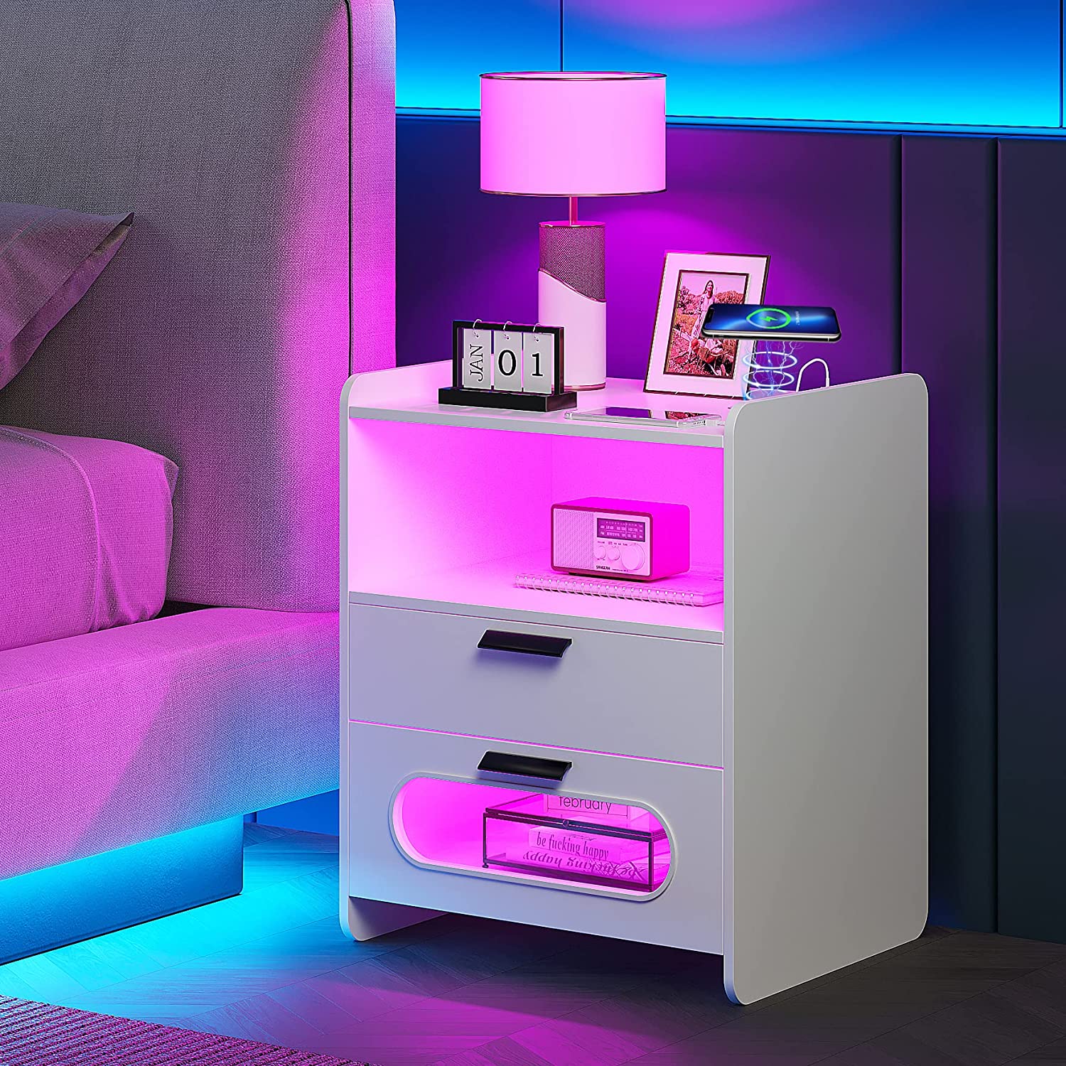 HNEBC RGB Nightstand with Wireless Charging Station & USB Modern Smart