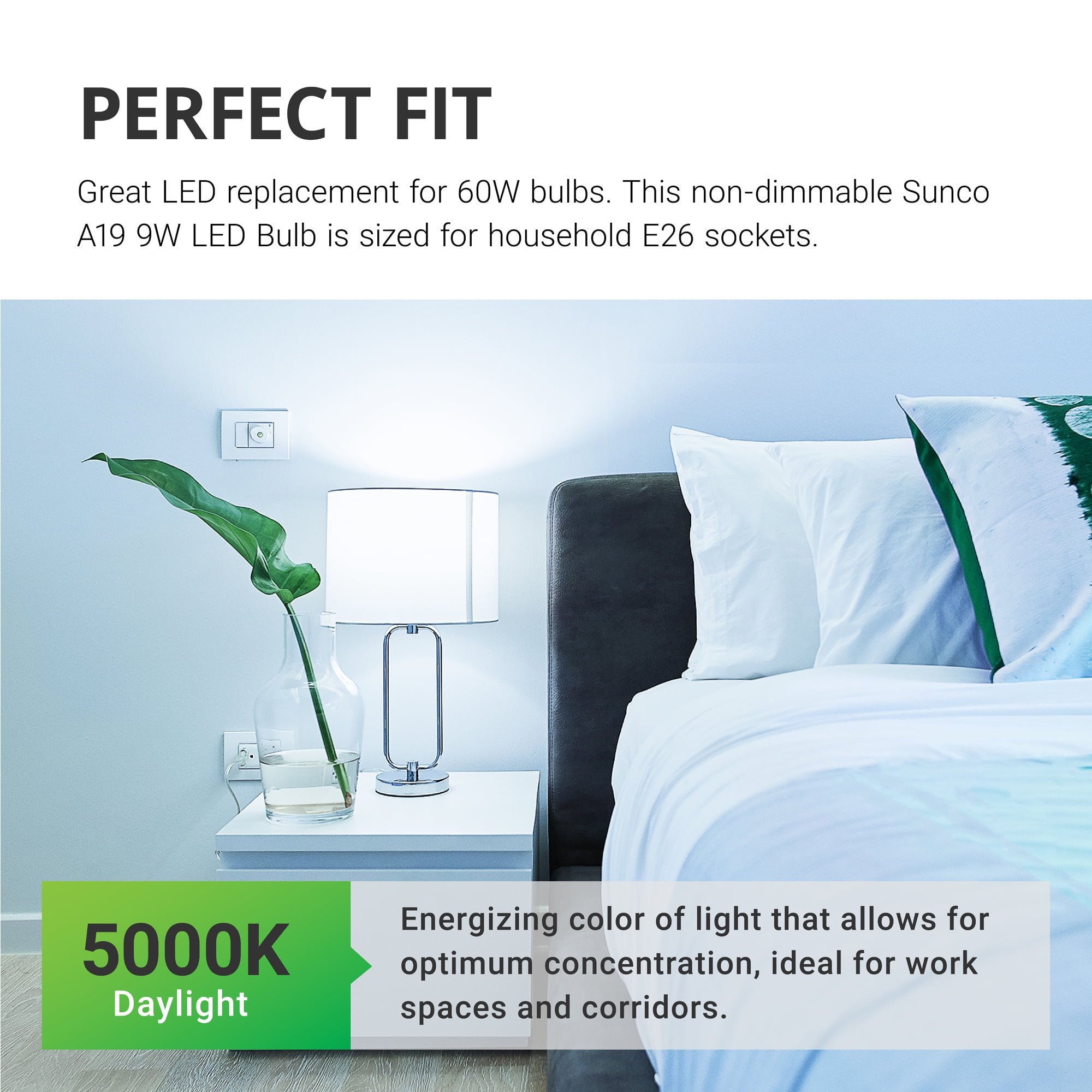 Sunco Lighting 12 Pack A19 LED Bulb, 9W=60W, 5000K Daylight, 850 LM, Non-Dimmable, E26 Base, Indoor Light - UL