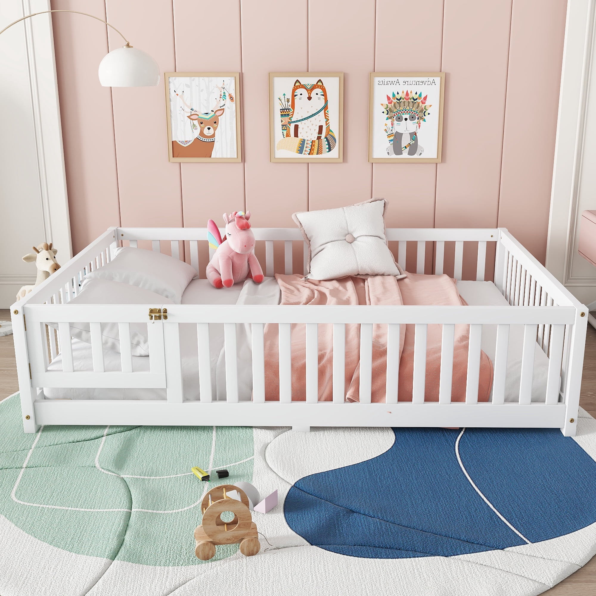 Bellemave Floor Bed with Door and Fence, Full Floor Bed with Bed Slats Sturdy Wood Floor Bed Montessori Bed Frame, Full Size Floor Bed with Fence, White