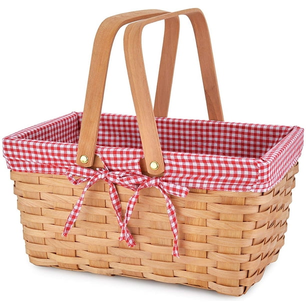 Picnic Basket Natural Woven Woodchip with Double Folding Handles | Easter  Basket | Storage of Plastic Easter Eggs and Easter Candy | Organizer  Blanket 