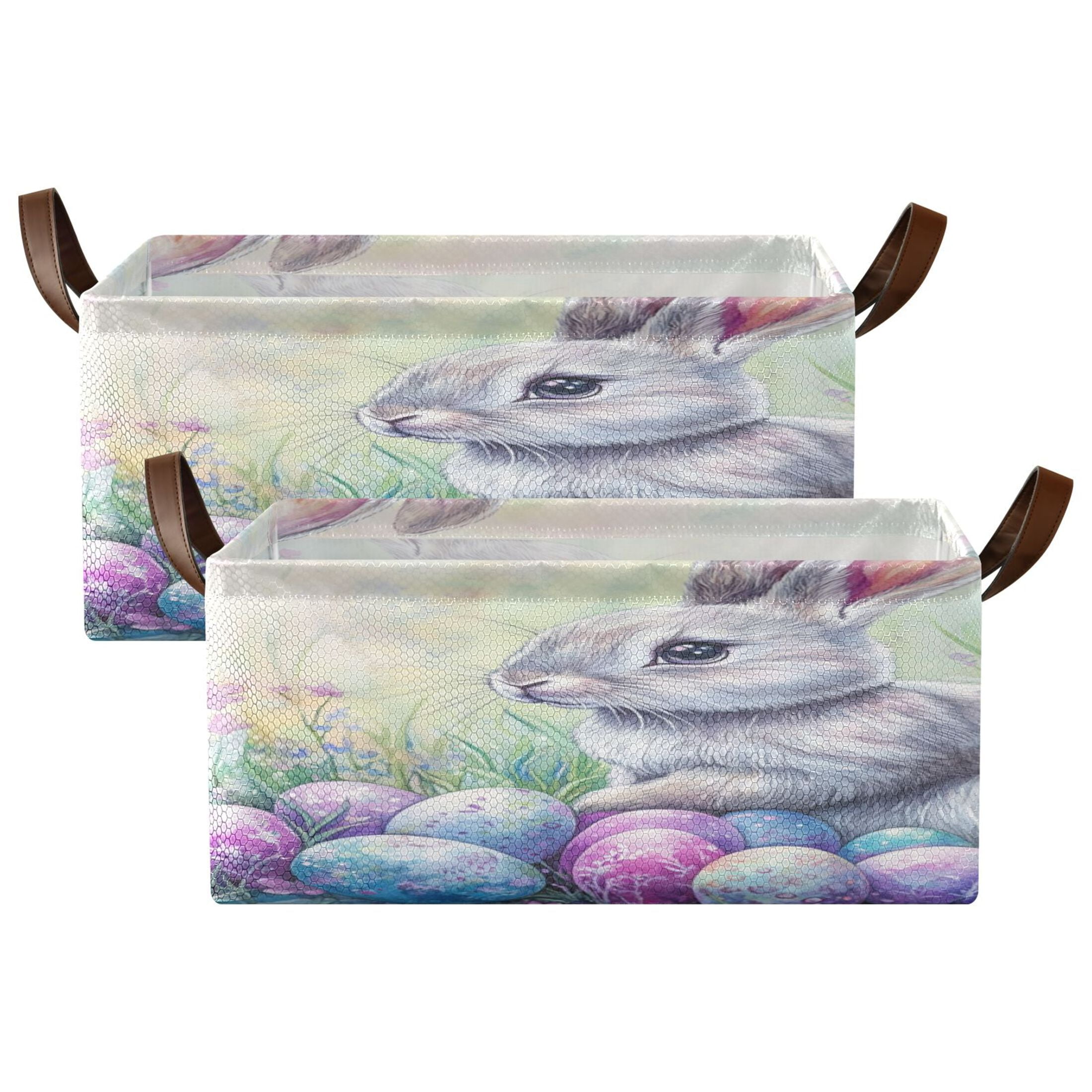Wobogo Easter Blue Bunny Storage Basket Soccer Plaid Fabric Oversized Collapsible Hoard Box with Metal Iron Frame 16.9×11.4×7.7in