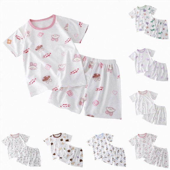 WUANDIXFA Soft Toddler Pajamas 1-10 Years Toddler Breathable Short Sleeved Loungewear Girls Cute Cartoon Pattern Pajama Set,Pink,9-10 Years
