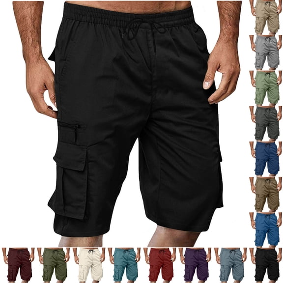 Axiiglly Black Cargo Shorts for Men Drawstring Elastic Waist 7 Pockets Summer Hiking Shorts L