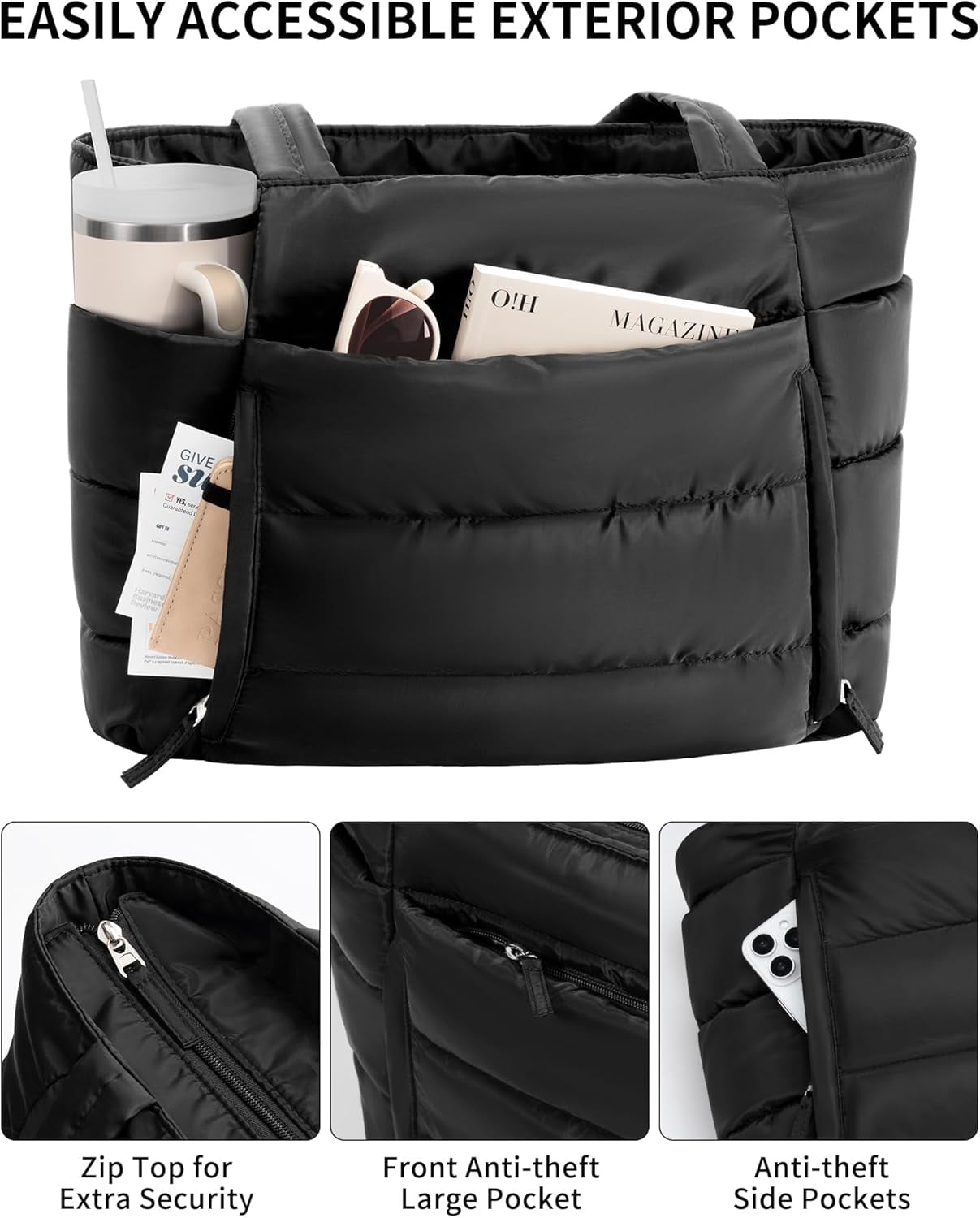 ZUTOYBOLIN Puffer Tote Bag for Women, Lightweight Puffy Work Handbag Teacher Nurse Quilted Shoulder , Daily College Bags, 15.6" Computer Bag, Clinical Nursing Bag, Ideal Gift for Women. Black