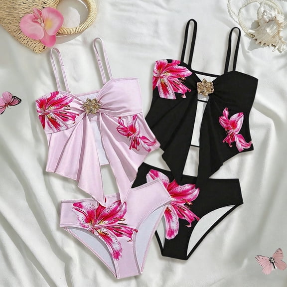 ibiyuan Ruffle Girls Swimsuits 2 Piece Drawstring Bottoms Bathing Suits Sparkly Hawaiian Tankini Sets Modest Ruched Cutout Bikini Sets for Girls 10-12 Mesh Summer Swimwear