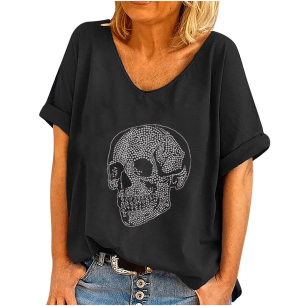 Mujeres verano moda manga corta cuello redondo perforación caliente cráneo blusa casual camiseta Tops Fridja bn3546