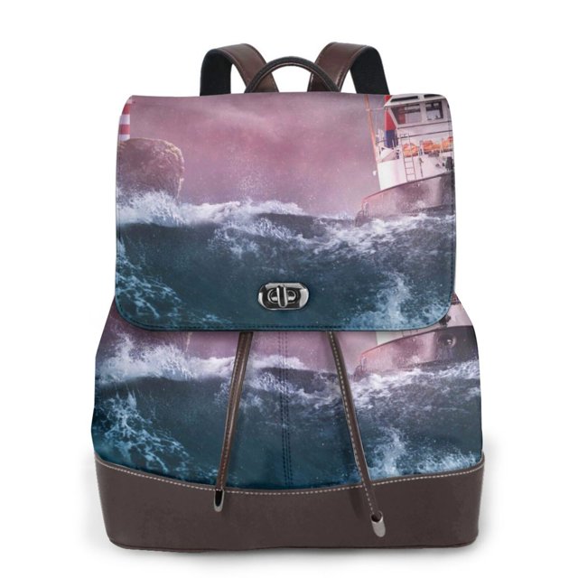 Easygdp Boat Lighthouse Storm Waves Mochila de Cuero para Mujeres, Bolso de Hombro, Bolsos de Mano de Moda para Trabajo y Viajes