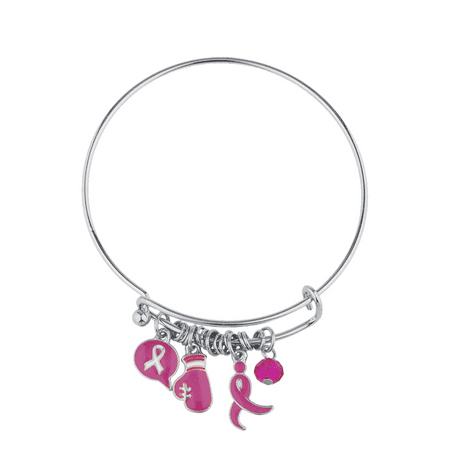 Lux Accessories Silvertone Pink Breast Cancer Awareness Ribbon Bangle Bracelet