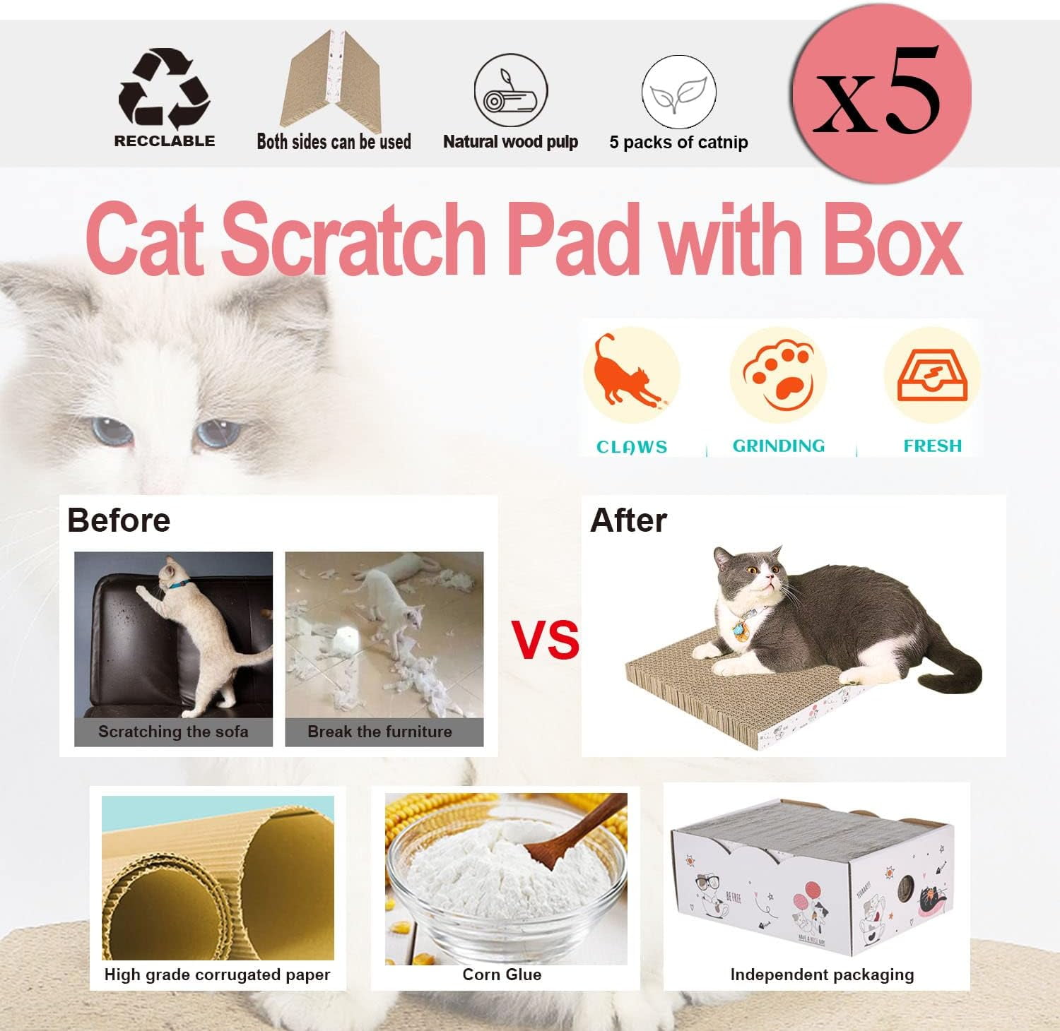 THBN 8 Packs in 1 Cat Scratch Pad, Cat Scratcher Cardboard,Reversible,Durable Recyclable Cardboard, Premium Scratch, Suitable for Cats to Rest, Grind Claws and Play