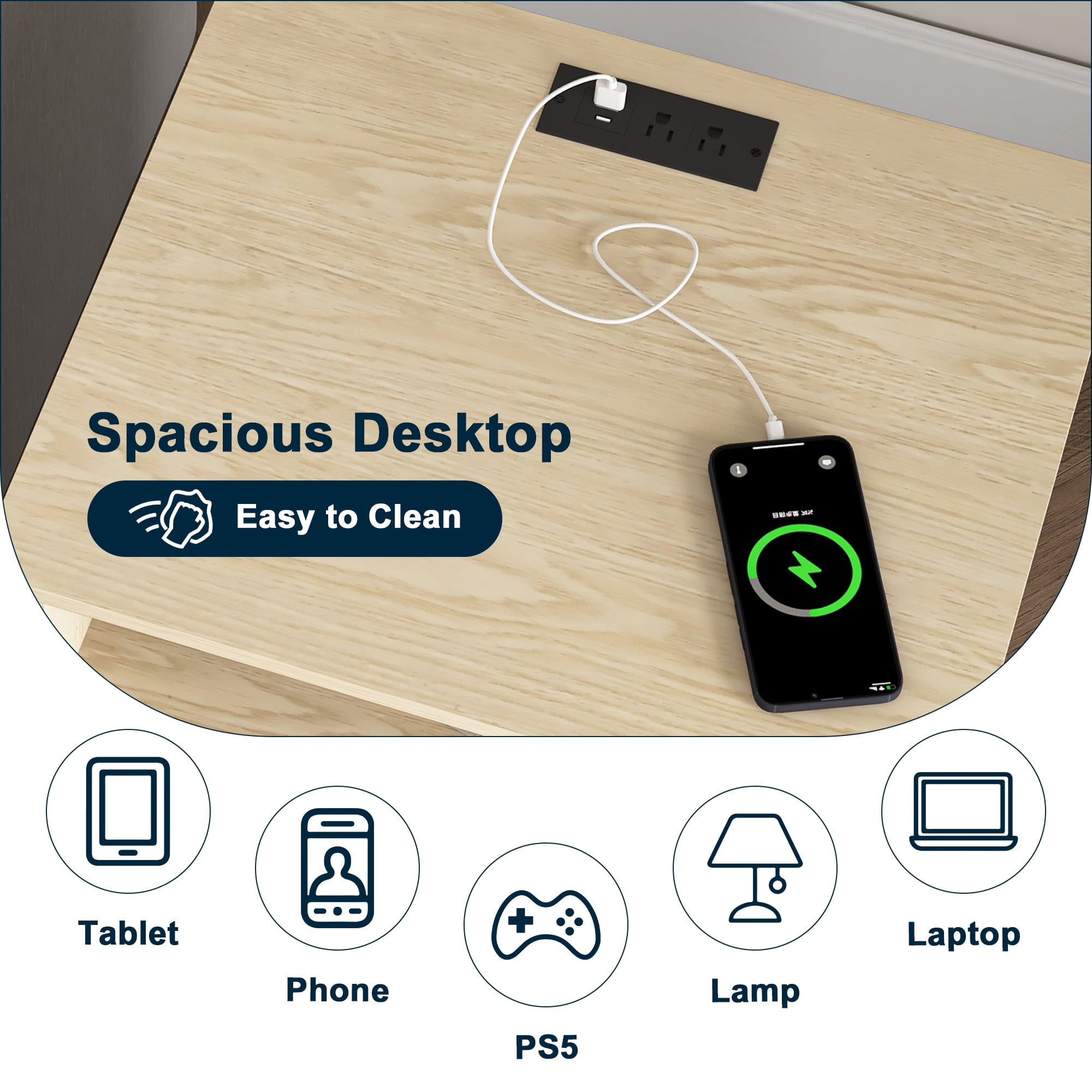 Demi Bonn 18.9" Side Table with Fast Charging Station USB C Cable Fast Charging, Wood End Table Nightstand with Drawer and Shelf for Living Room, Beige