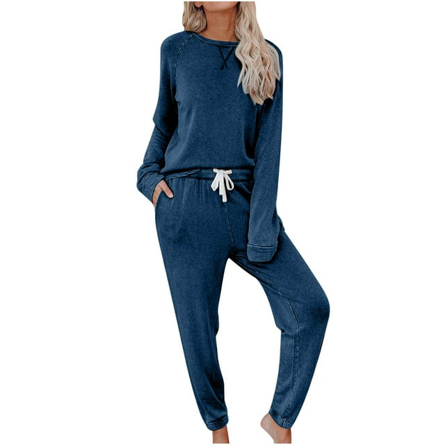 AherBiu Ensembles de Détente pour Femmes Manches Longues 2 Pcs Pyjamas Col Rond Hauts Pantalons Vêtements de Nuit