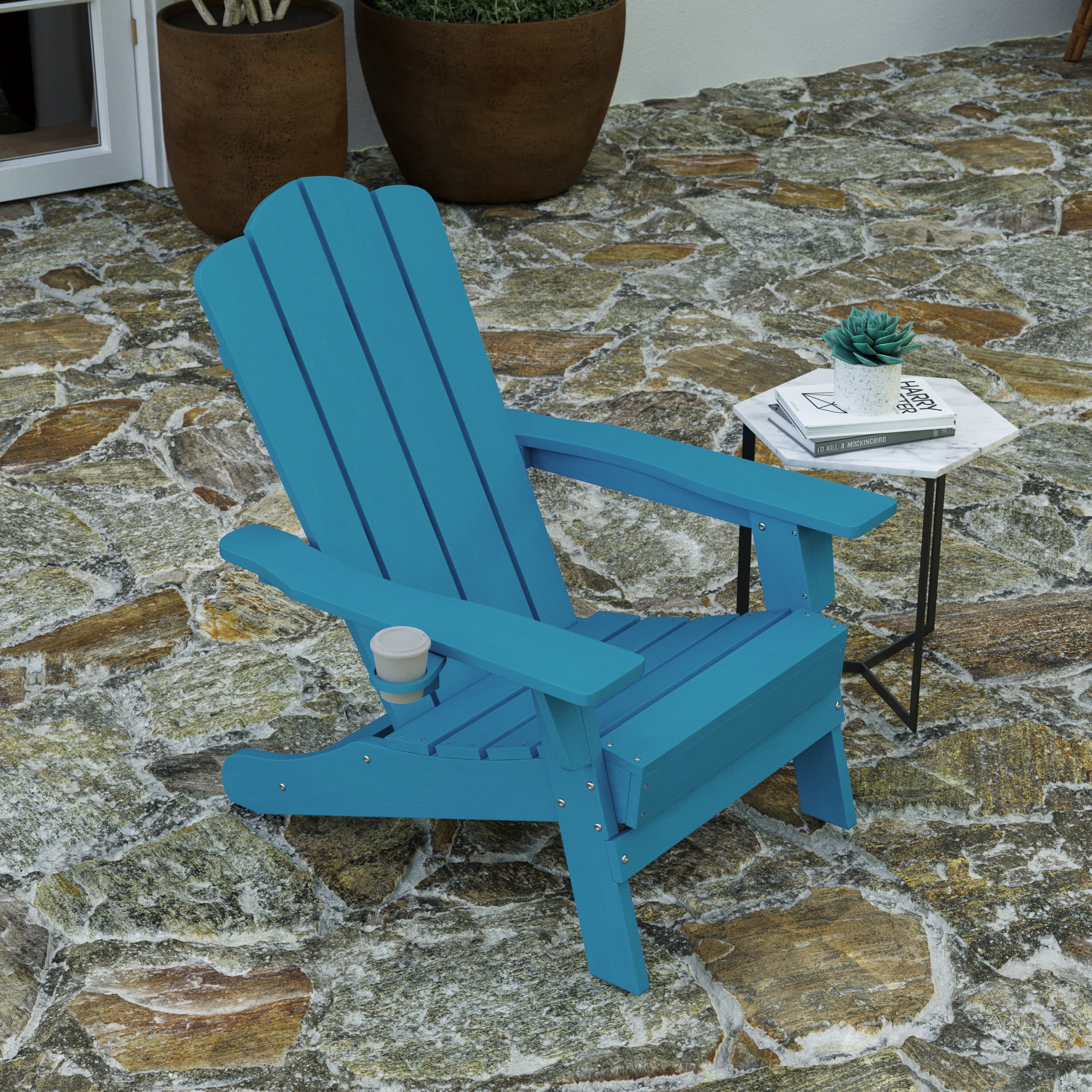 Merrick Lane Adirondack Chair with Cup Holder, Weather Resistant HDPE Adirondack Chair in Blue