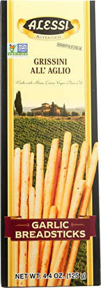 (4 pack) Alessi Imported Breadsticks, Garlic Autentico Italian Crispy Bread Sticks, Low Fat Made with Extra Virgin Olive Oil, 4.4oz (Garlic, 4.4 Ounce (Pack of 1))