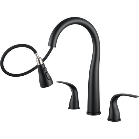Black Kitchen Faucet 3 Hole with Pull Down Sprayer, 2-Handle High Arc Kitchen Sink Faucet with 3 Function Spray, Stainless Steel