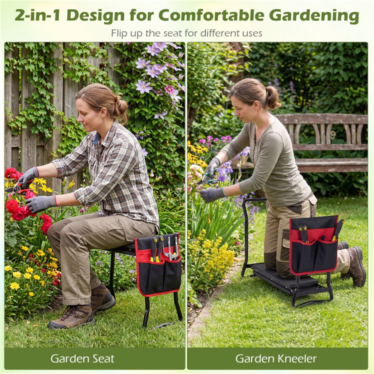 Black Red 2 in 1 Garden Kneeler Folding Stool 300lbs Capacity with Tool Pouch
