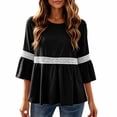 thumbnail image 5 of Lenpel 3/4 Length Sleeve Womens Tops Cotton Linen Crew Neck Fashion Peplum Blouses Casual Loose Eyelet Lace Patchwork Shirts Fall Clothes, 5 of 6