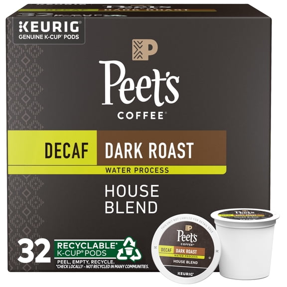 Peet's Coffee, Dark Roast Decaf Single Serve Coffee Pods - Decaf House Blend 32 Count (1 Box of 32 Pods)