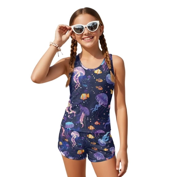 COEQINE Girls Two Piece Tankini Swimsuit Racerback Bathing Suit with Chest Pad, Summer Hawaiian Swimwear with Boyshort for Kids 6-7 Years, for Water Play, Jellyfish Crownfish Purple