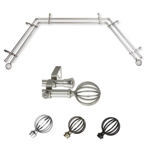 Gwen 13/16" Double Bay Window curtain rod Adjustable 20"-36", 38"-72" - Satin Nickel,(ABay-62-5D)