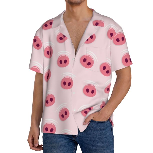 Fotbe Cute Pig Nose Camisa Estampada de Manga Corta para Hombre, Casual de Verano, Estilo Playero, Sin Arrugas-Medium