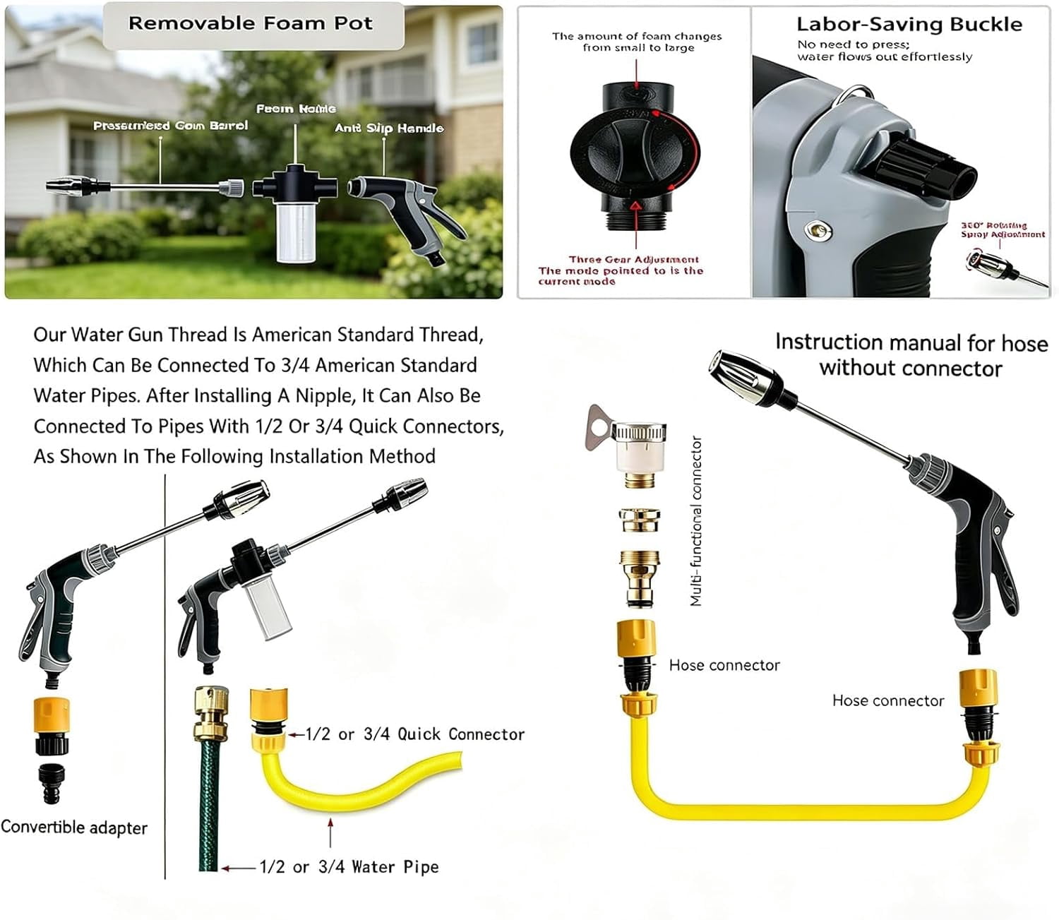 2026 New Heavy Duty Garden Hose Nozzle, 15X More Powerful Than a Garden Hose, 360° Rotating Nozzle with 3 Spray Modes, for Patio, Car, Outdoor Cleaning