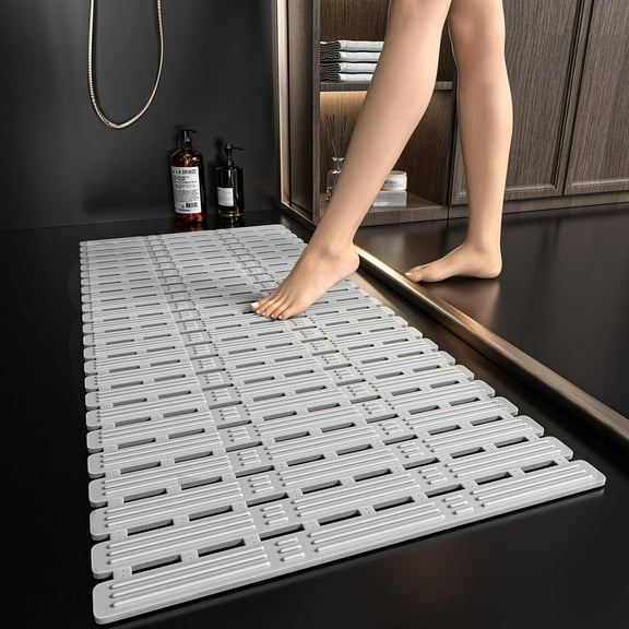 Shower Mat Non Slip Bathtub Mat, 36 x 16 inches Rubber Bath Mat for Tub Non Slip Shower Mats for Inside Shower with Powerful Suction Cups and Drain Holes, Easy to Cut, Light Grey