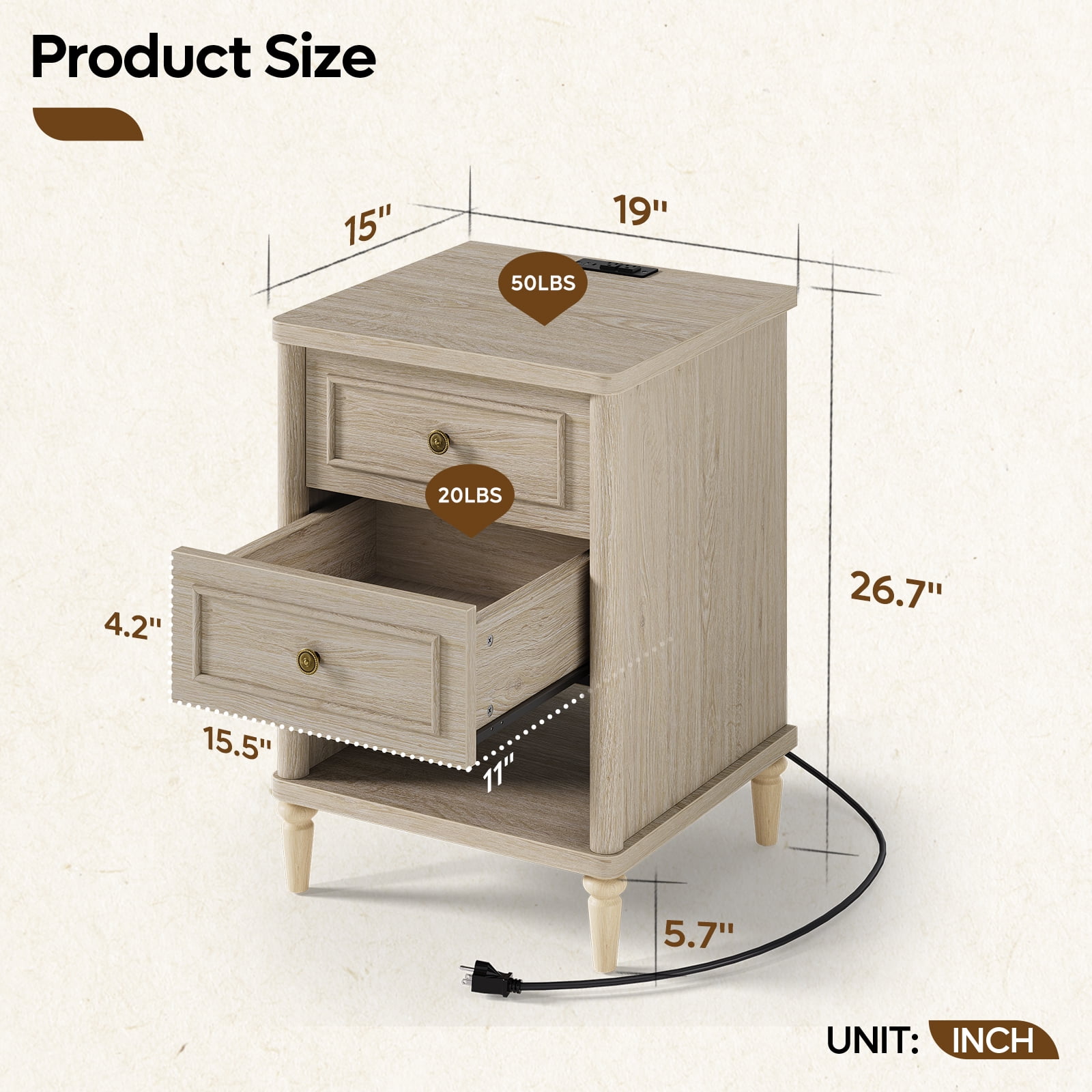 Bestier Farmhouse Nightstand with 2 Drawers, Wood Bedside Table with Charging Station,  Sofa Side End Table Night Stand for Living Room, Bedroom, Home Office, Light Oak