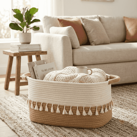 TeoKJ White and Jute Storage Baskets with Tassels, 15"x10" Natural Rope Storage Basket, Decorative Color-Block Jute Bins for Shelves, Rectangle White Woven Basket for Nursery & Bathroom