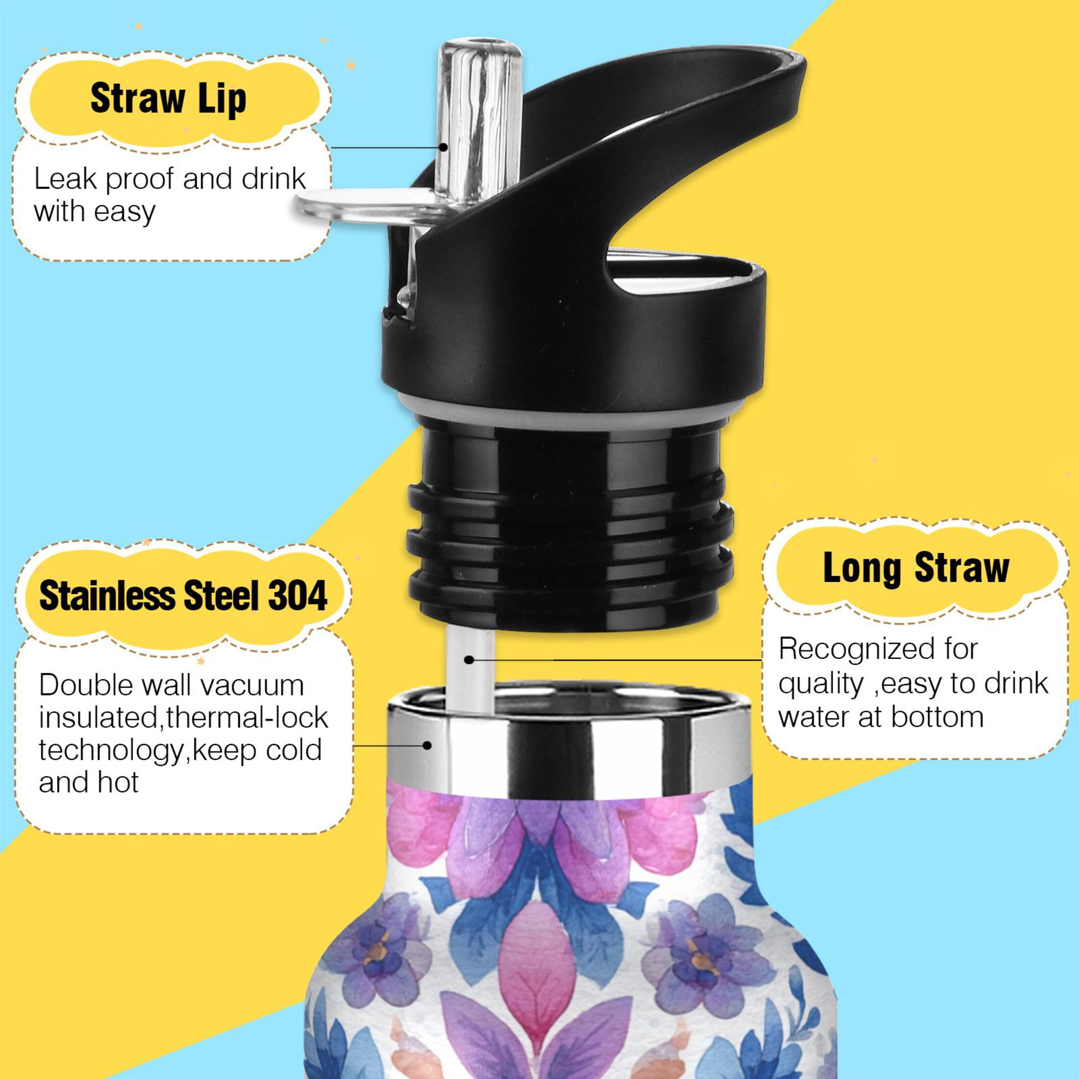 600ML Stainless Steel Insulated Cup Sports Water Bottle Portable Thermos Cup Water Glasses Insulated Tumblers Convenient and Durable Purple Watercolor Leaves