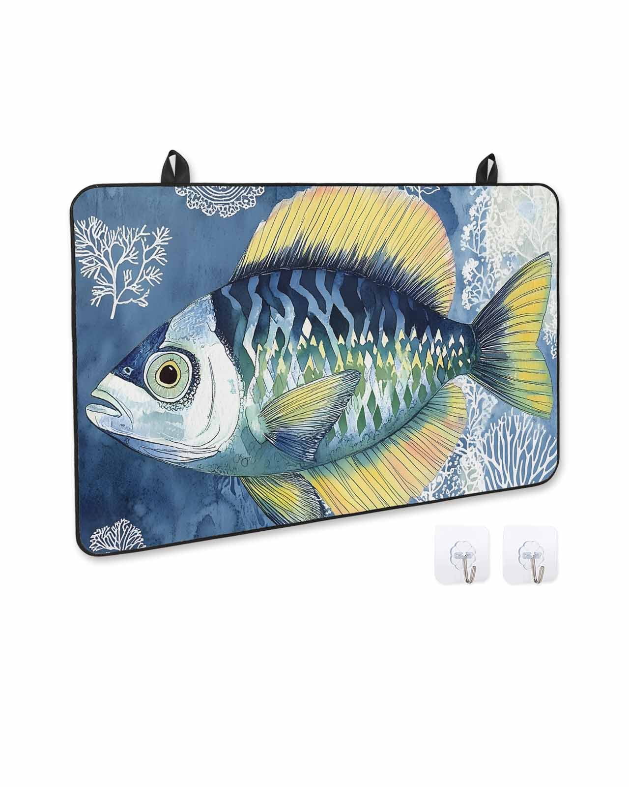 nqOlkjepod Large Induction Cooktop Protector Mat 24"x21", Coastal Blue Yellow Fish Stove Top Covers for Electric Stove, Summer Ocean Coral Plant Stove Burner Cover Mats, Glass Top Stove Cover