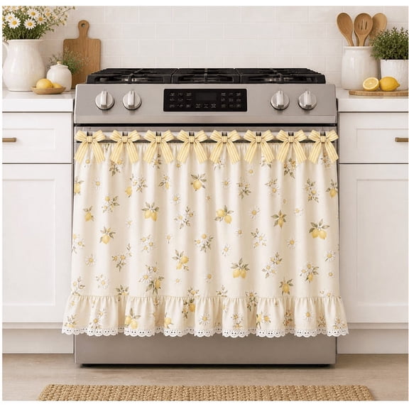 Farmhouse Stove Skirt Oven Curtain for Kitchen Decor, Cotton Blend Stove Curtain with Lace Ruffle Trim & 9 Ribbon Ties, Oven Curtain Cover & Oven Skirt Curtain for Cottage Kitchen - (G)