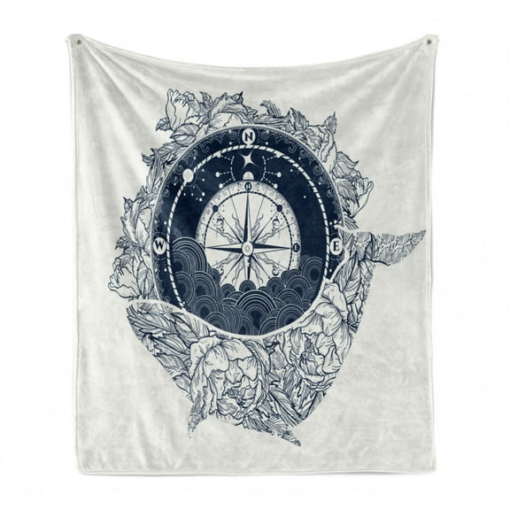 Adventure Soft Flannel Fleece Throw Blanket, Antique Marine Compass and Floral Whale Victorian Vintage, Cozy Plush for Indoor and Outdoor Use, 50" x 60", Dark Blue White, by Ambesonne