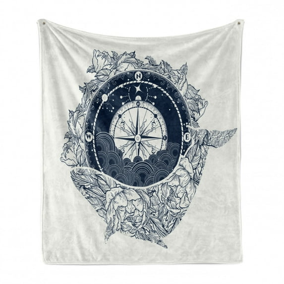 Adventure Soft Flannel Fleece Throw Blanket, Antique Marine Compass and Floral Whale Victorian Vintage, Cozy Plush for Indoor and Outdoor Use, 60" x 80", Dark Blue White, by Ambesonne