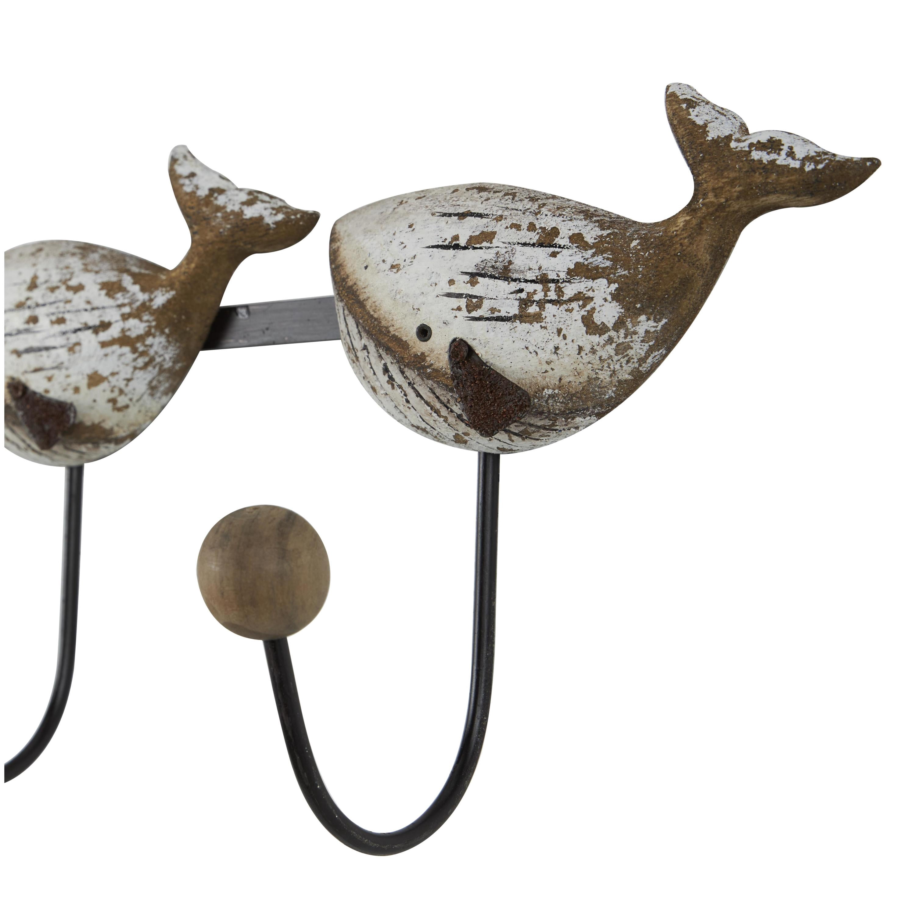 DecMode 18" x 8" Beige Wood Handmade Distressed 3 Hanger Whale Wall Hook with Black Metal Accents and Wood Ball Details, 1-Piece