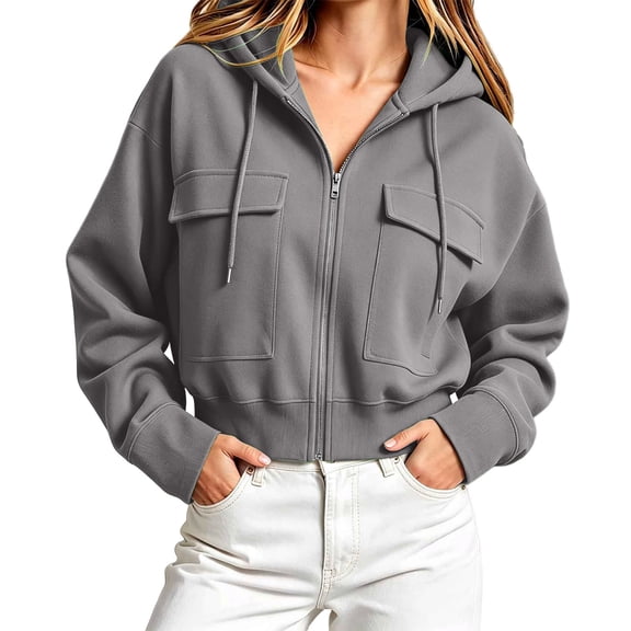 APEXFWDT Cropped Zip‑Up Hoodie Jacket Women Full Zip Hooded Sweatshirt with Flap Cargo Pockets