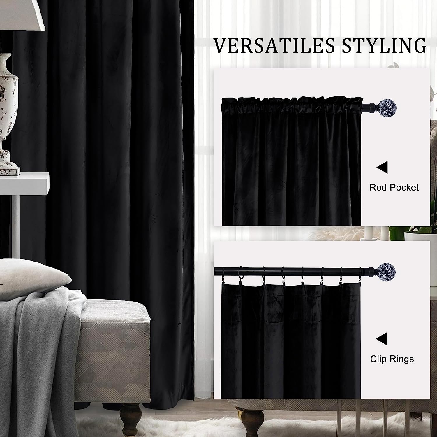 Hiasan Luxury Black Velvet Curtain with Tiebacks-Blackout Curtains for Bedroom/Living Room, Rod Pocket, 60" x 84", Set of 2