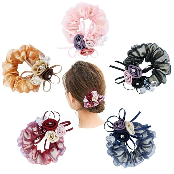 5 Pack Glitter Sparkly Rose Flower Hair Ties Floral Bows Elastics Rubber Bands Bubble Hair Ring Loop Stretchy Hair Band Scrunchies Ponytail Holder for Women