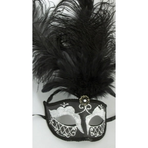 Black Silver Gem Venetian Feather Mask Carnival Mardi Gras