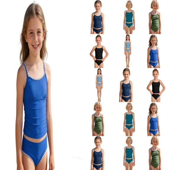 XinghaiYIDE Girls 2-Piece Tankini Swimsuit,Solid Color Contrast Bathing Suit,Padded Swimwear for 8-14Y,Kids Beach & Pool Swimwear Blue-A