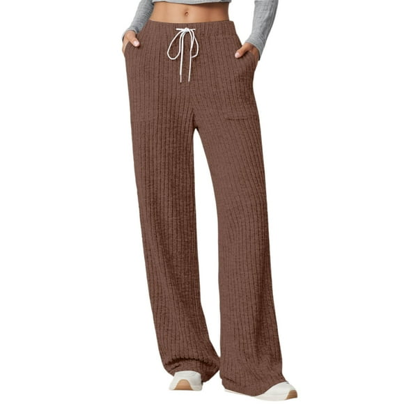 Women's Casual Pants Elastic Waist Soft Knitted Trousers Ribbed Texture High Rise Pocket Pants for Comfortable Daily Wear Fall Winter