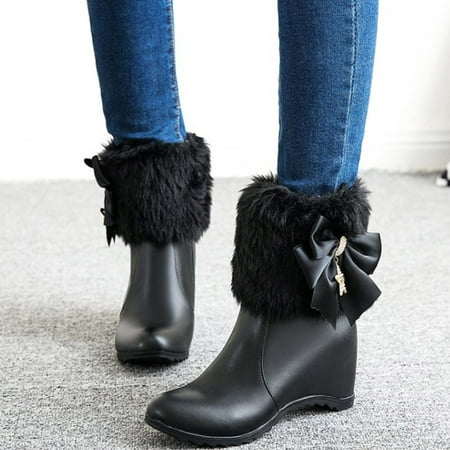 

Hinvhai Womens Clearance Solid Color Leather Flower Decorated Boots Fashion Casual Classic Plush Zipper Slope Heel Fashion Short Womens Booties Black 6(37)