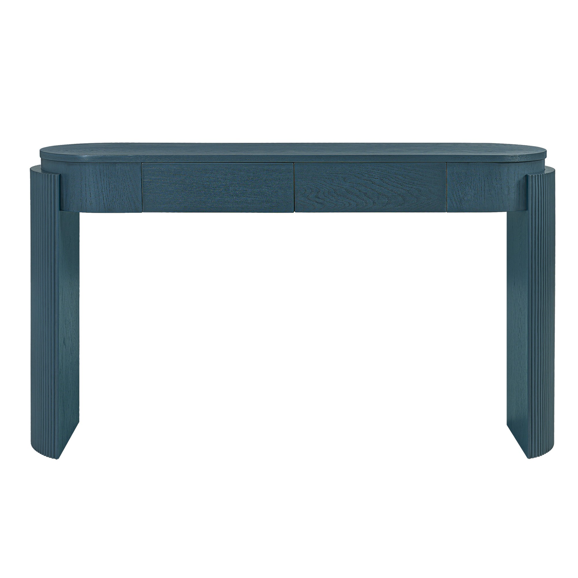 Entryway Table with Natural Wood Grain Finish, Console Table with Fluted Design, Oval Top and 2 Drawers for Entryway and Living Room (Navy)